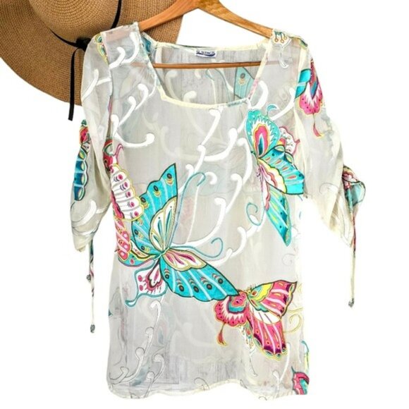 Surface Women's Oversized Sheer Blouse Size Medium Butterflies Beach Coverup - Picture 1 of 13